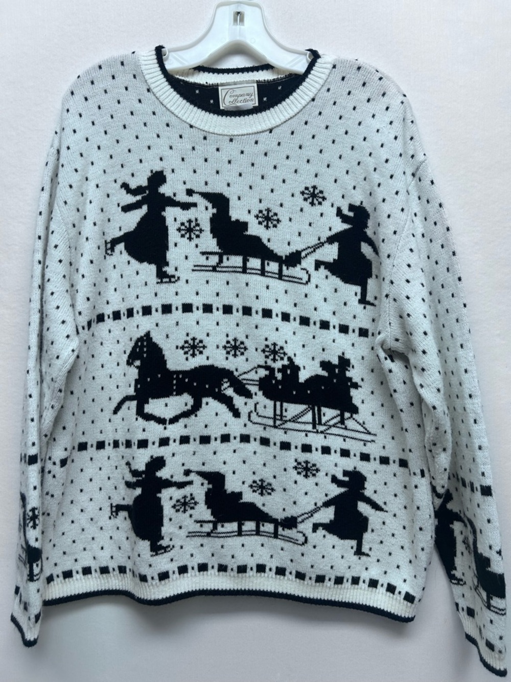 Classic Crewneck Sweater with Winter Sled Motif - White & Black